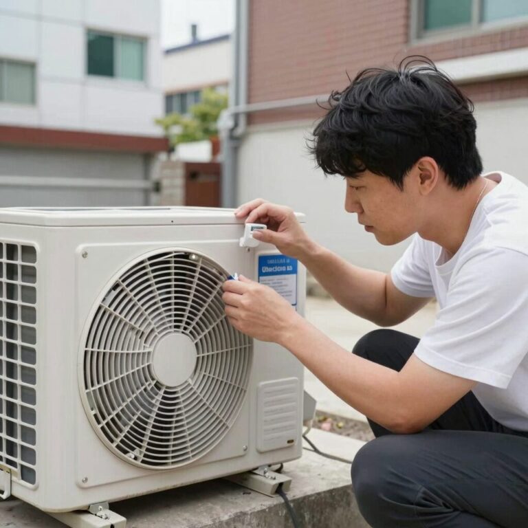 에어컨 실외기 고장 원인 확인을 위한 실외기 외관 점검 모습