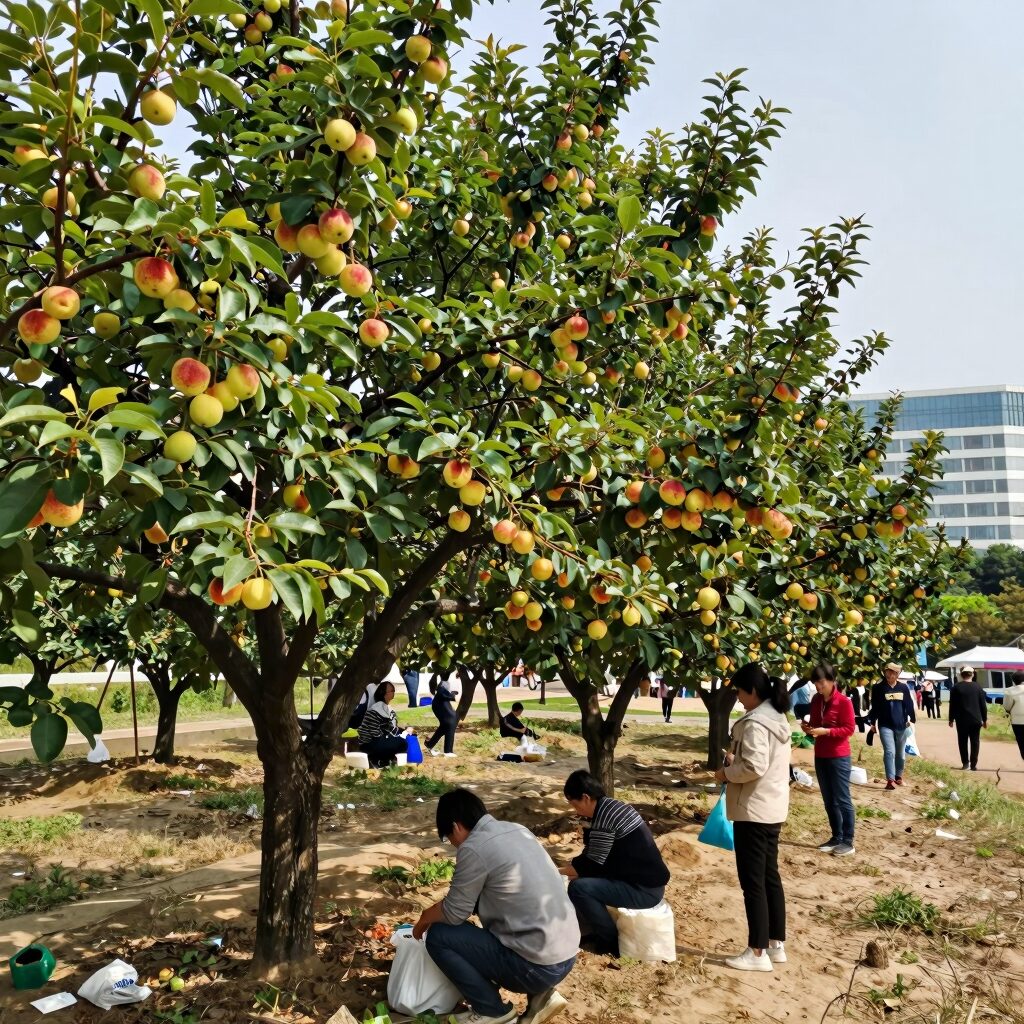 도도리파크 복숭아 나무에 주렁주렁 열린 복숭아 모습. 축제 개막을 앞두고 탐스럽게 익어가는 조치원 복숭아.