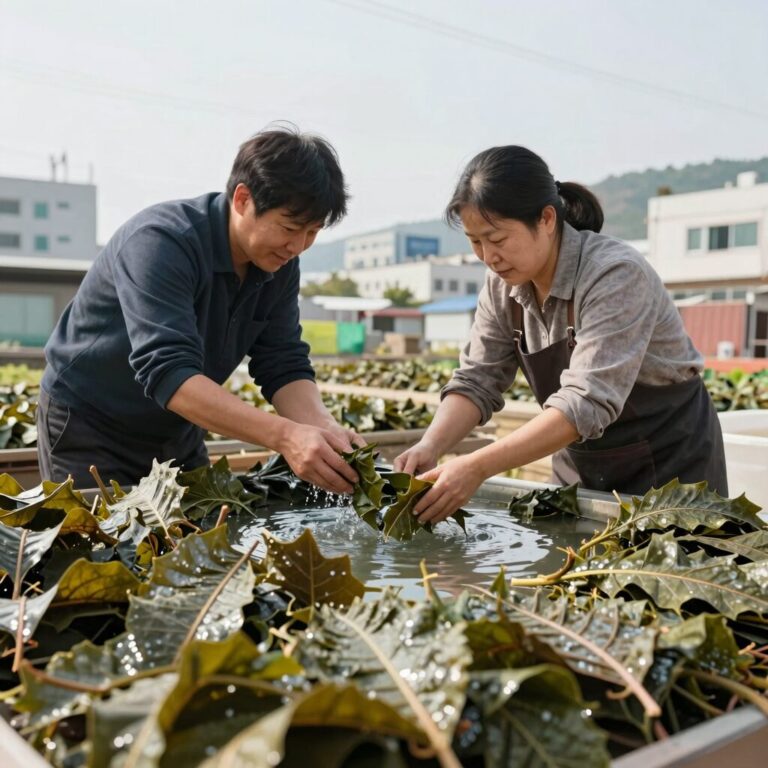 깻잎을 식초물에 담가 세척하는 과정으로 깻잎장아찌의 첫 단계