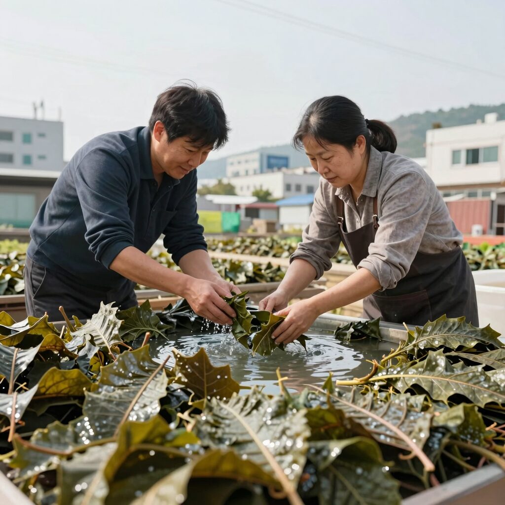 깻잎을 식초물에 담가 세척하는 과정으로 깻잎장아찌의 첫 단계