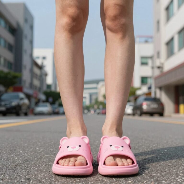 분홍코끼리 쿠션샌들 착용 모습, 여름 코디에 잘 어울리는 깔끔한 디자인