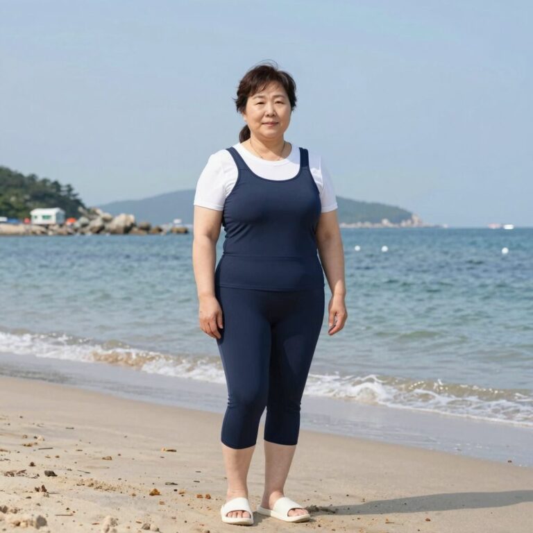 중년 여성이 빅사이즈 래쉬가드 세트를 입고 해변에서 포즈를 취하고 있는 모습