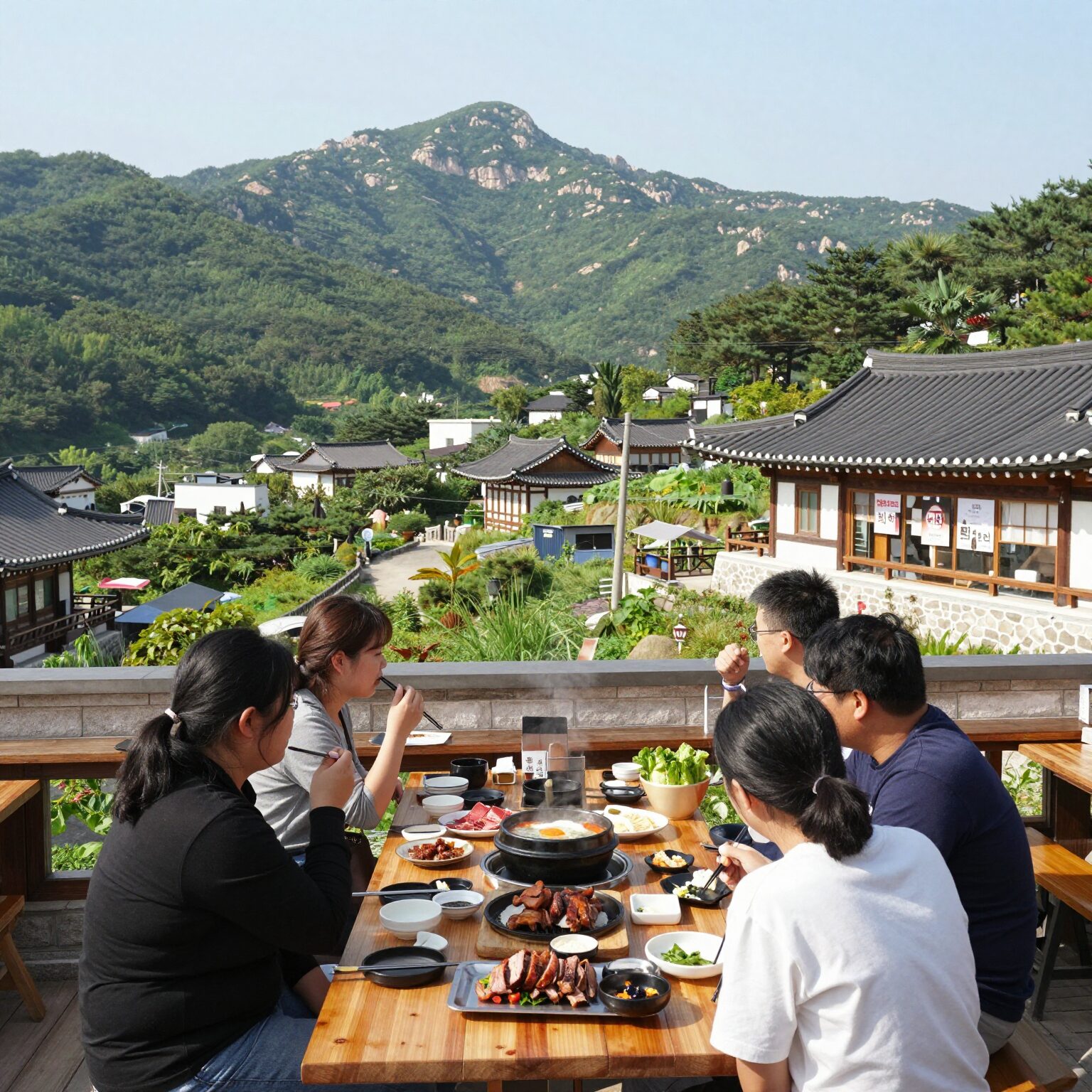 포천 계곡 식당 이동궁전갈비 야외 테라스에서 바라본 백운계곡과 마운틴 뷰 풍경