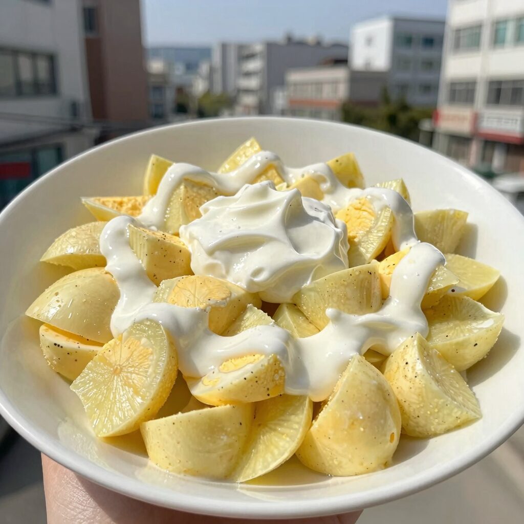 계란감자샐러드 완성 접시 사진 그릭요거트와 마요네즈로 버무린 포슬포슬한 감자와 계란