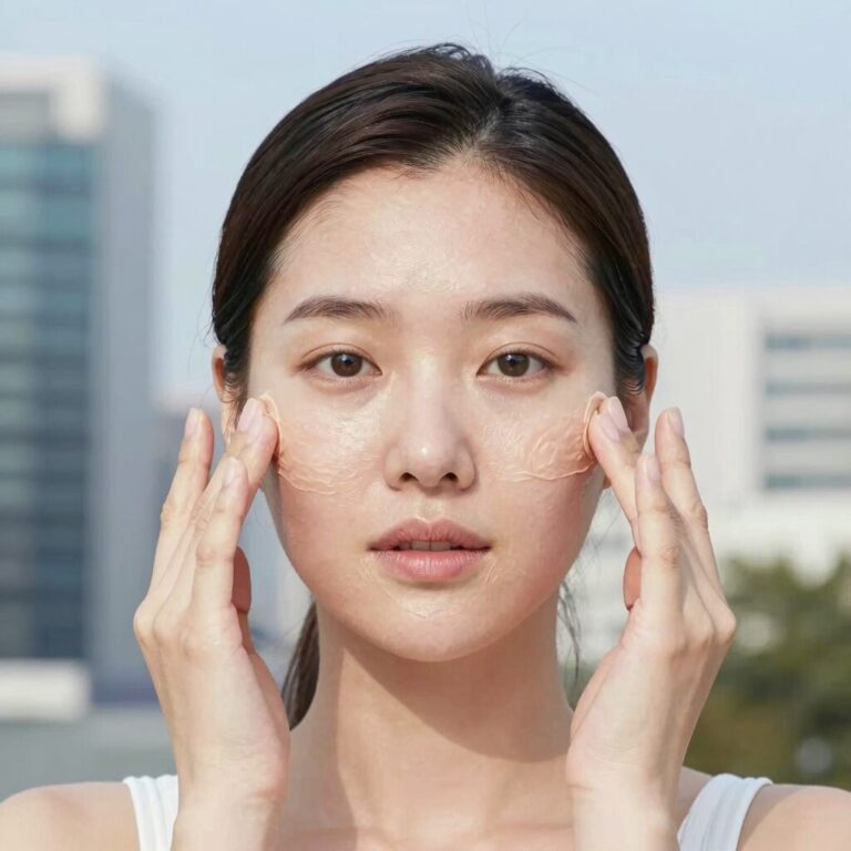 감자팩을 얼굴에 올리고 있는 모습, 피부 진정과 부기 완화 효과를 기대할 수 있는 홈케어 방법