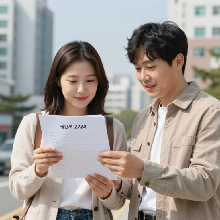 부부가 재산세 고지서를 함께 확인하며 납부하는 모습