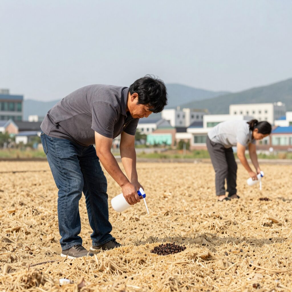 쌀통 주변에 쌀벌레 퇴치 스프레이를 뿌리는 모습