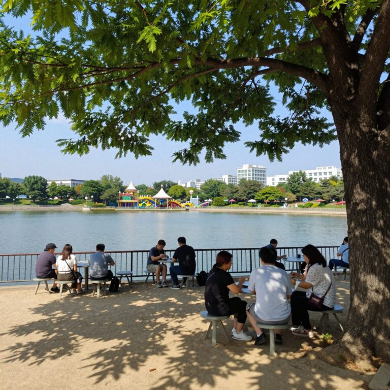가평 리버랜드 대형 워터파크 전경, 나무그늘과 테이블이 보이는 모습