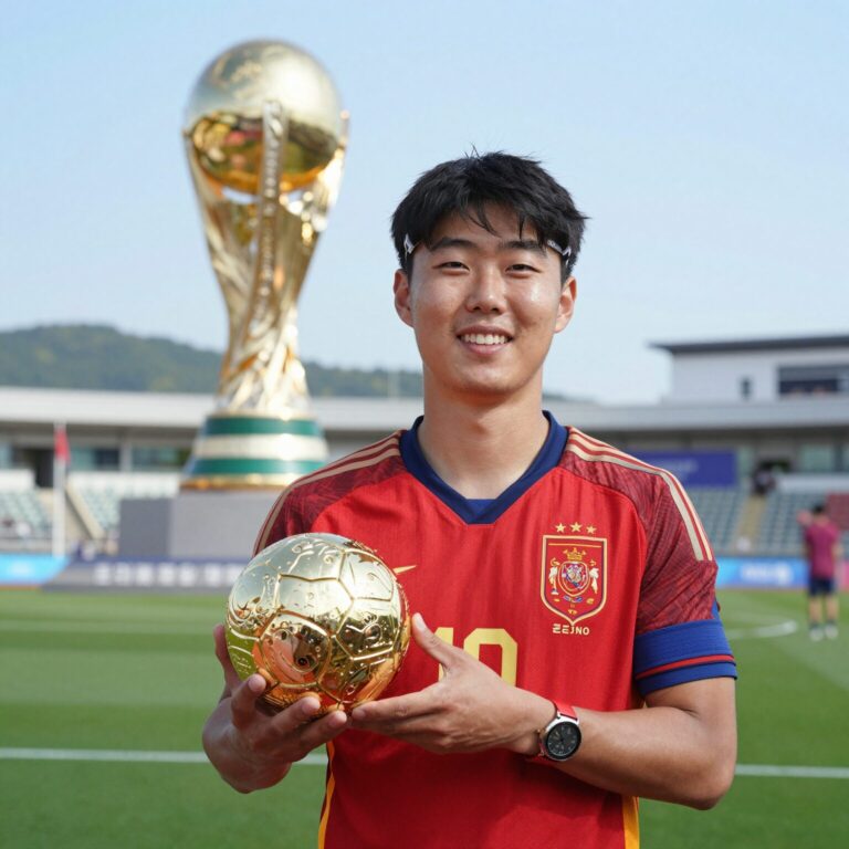 로드리 골든볼을 들고 미소 짓는 모습, 배경에 월드컵 트로피와 스페인 국기
