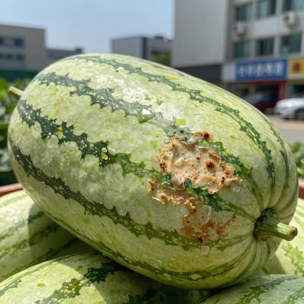 상한 수박의 미끈거리는 과육과 변색된 모습, 여름철 식중독 위험 신호