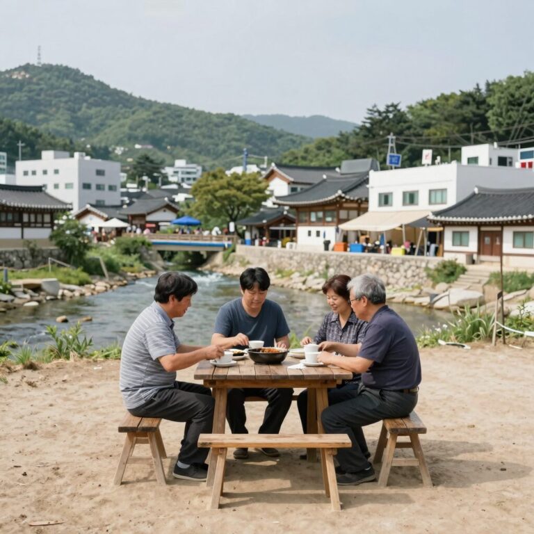 계곡과 테이블이 함께 있는 삼천리골돼지집 전경