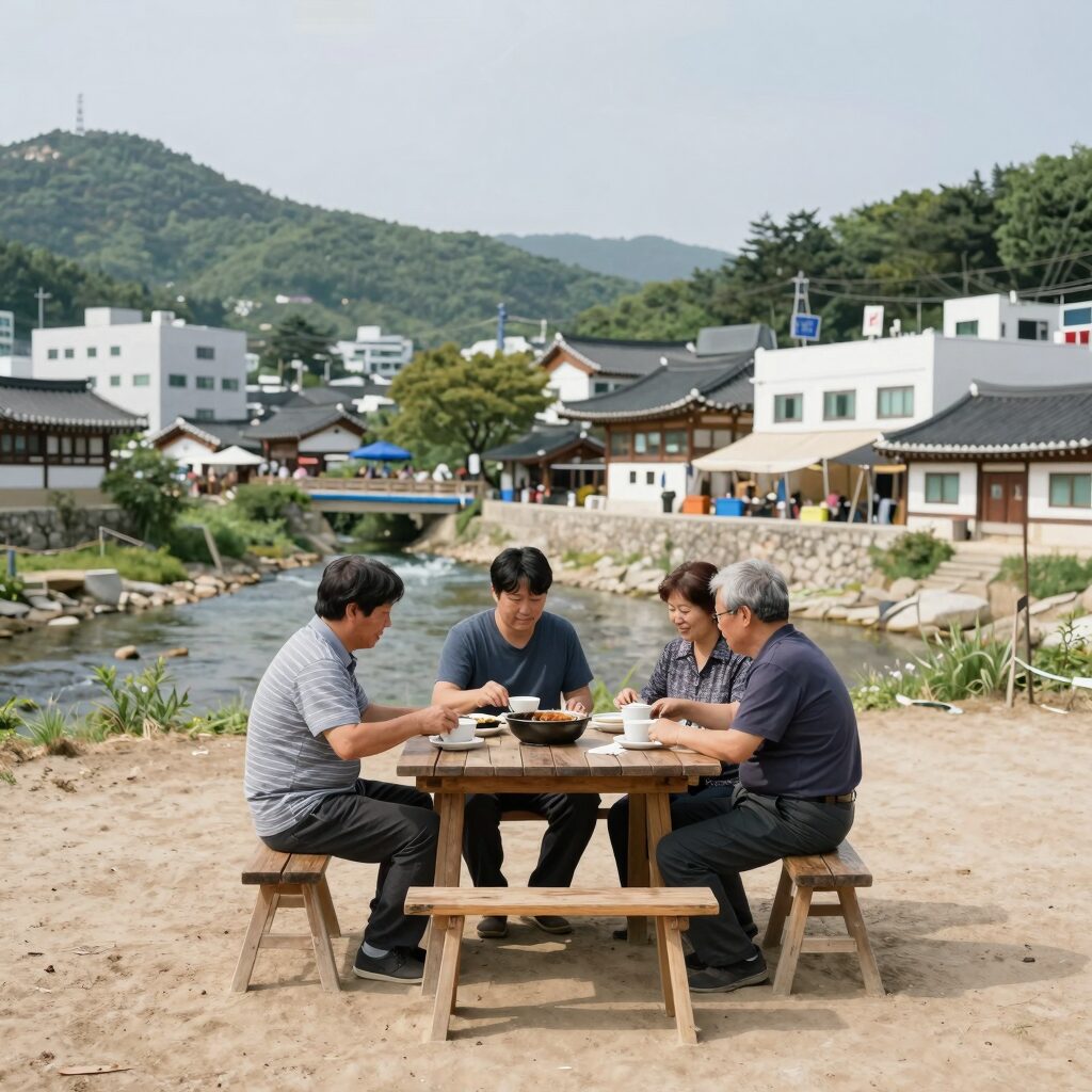 계곡과 테이블이 함께 있는 삼천리골돼지집 전경
