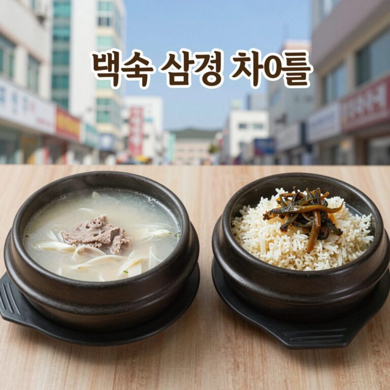백숙 삼계탕 차이를 설명하는 사진으로, 왼쪽에는 속을 채운 삼계탕 오른쪽에는 담백한 백숙이 담겨 있다