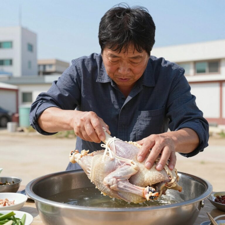 삼계탕 닭 손질 후 다리 꼬아 고정하는 모습