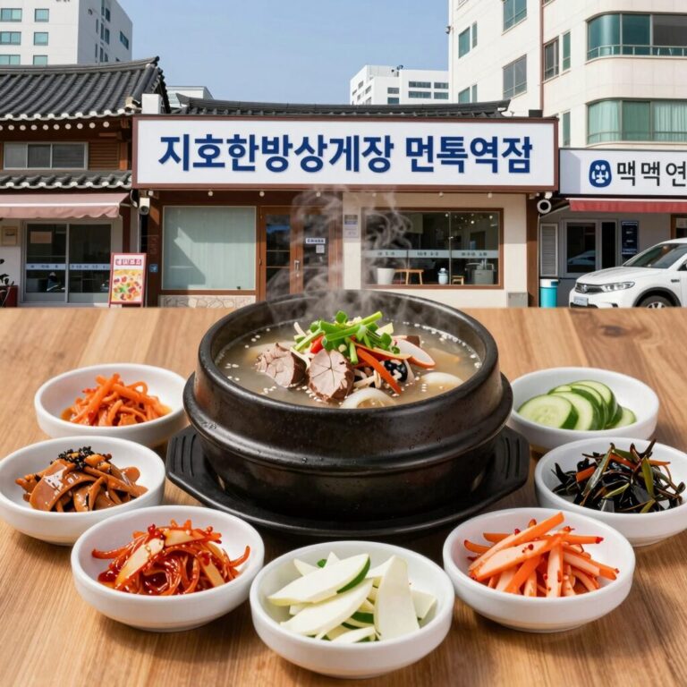 지호한방삼계탕 면목역점의 뚝배기 건강삼계탕과 반찬