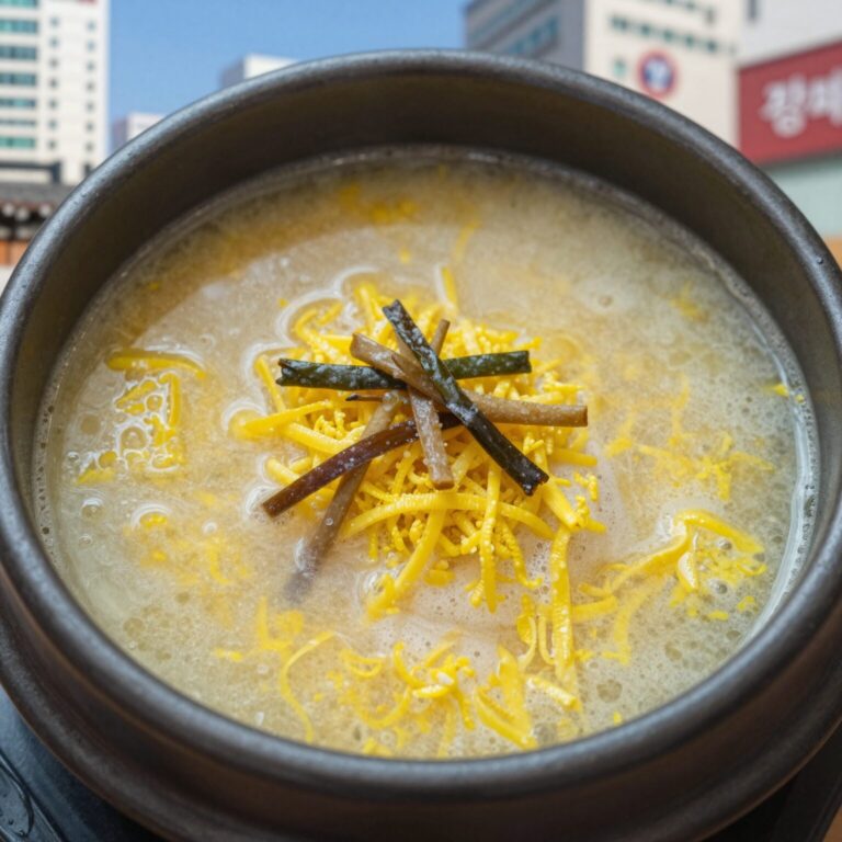 압력솥에서 갓 꺼낸 삼계탕이 그릇에 담겨 있으며 찹쌀과 수삼, 대추가 보이고 국물이 진하게 우러난 모습