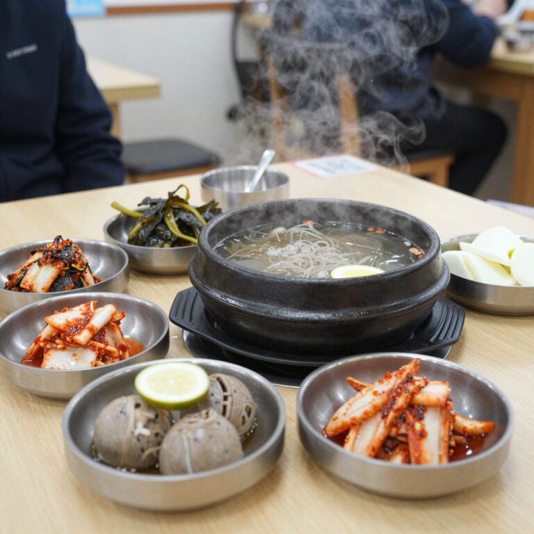 백제갈비 전복삼계탕 뚝배기에 팔팔 끓어오르는 모습과 함께 나온 육회냉면, 갓김치 반찬이 어우러진 테이블 사진으로 사당 삼계탕 맛집의 실체를 보여준다