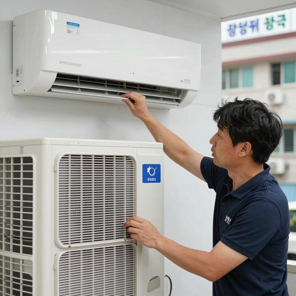 삼성 에어컨 필터 분리 후 먼지 제거하는 과정