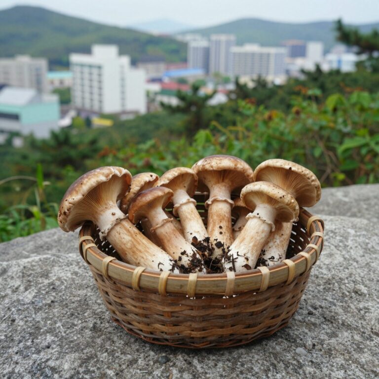 숲속 바위 주변에 자란 싸리버섯 여러 송이가 바구니에 담겨 있는 모습