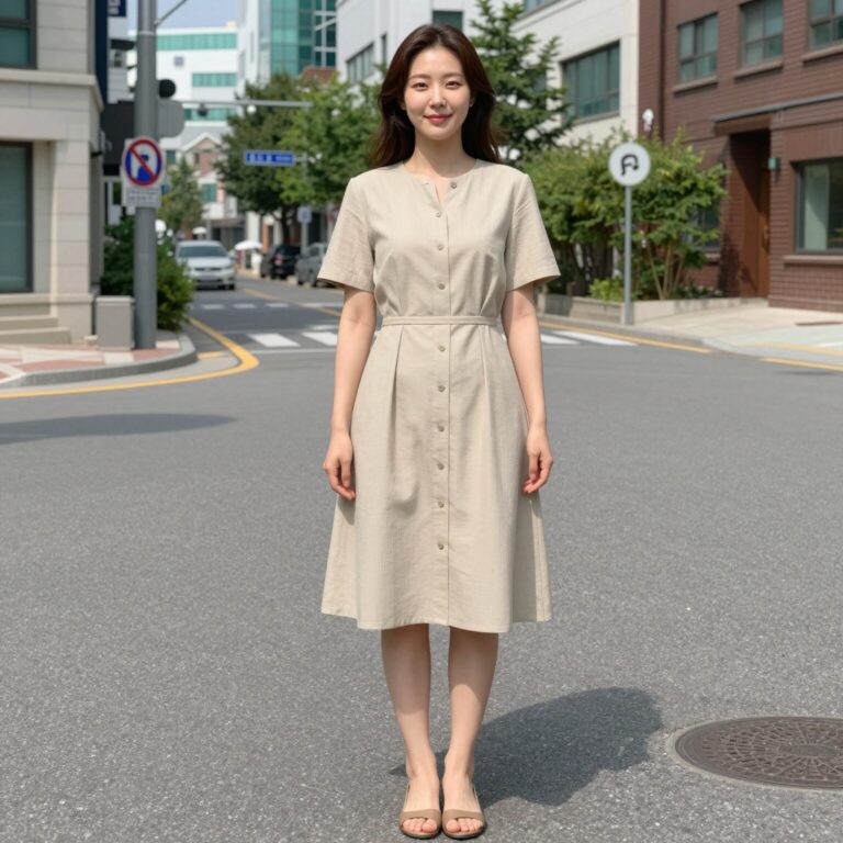 네파 시어서커 원피스를 입고 여름 더위에 쾌적하게 보내는 여성의 모습, 통기성 좋은 소재와 미디 기장이 돋보인다