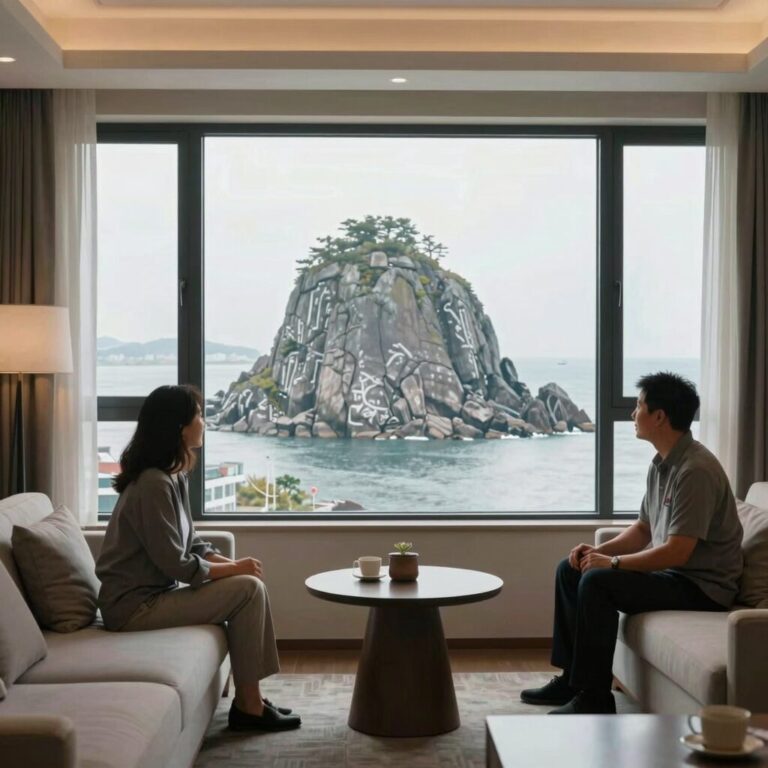 설악 일성콘도 골드스위트룸 거실과 울산바위가 보이는 창문 뷰