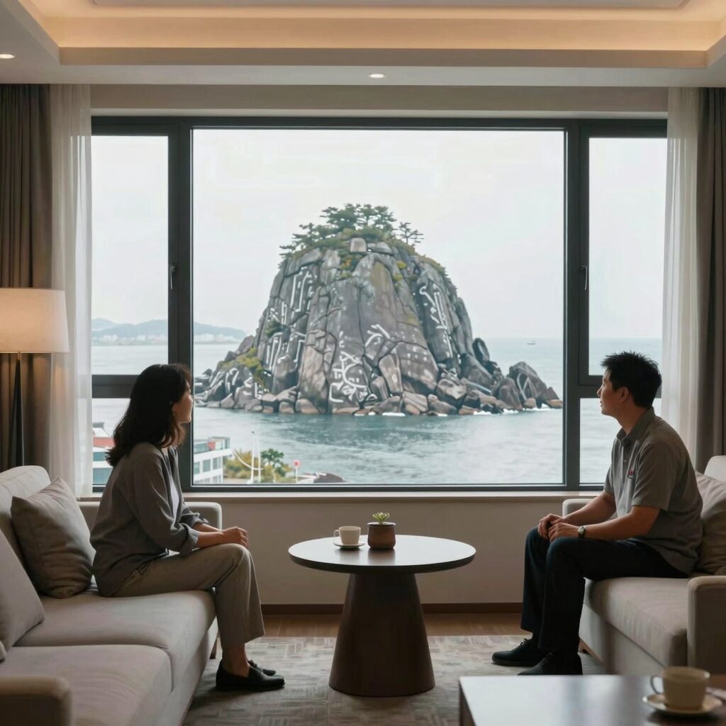 설악 일성콘도 골드스위트룸 거실과 울산바위가 보이는 창문 뷰