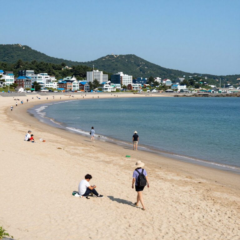 승봉도비치펜션에서 바라본 이일레해수욕장 전경, 바다와 펜션이 조화를 이루는 풍경