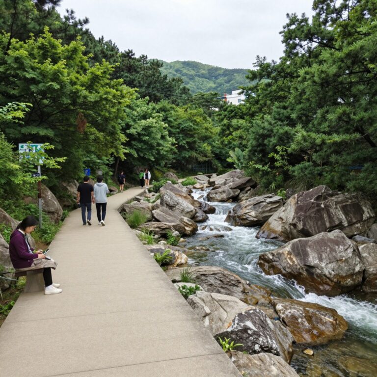 국립 신불산폭포자연휴양림 파래소폭포로 가는 산책로와 계곡 풍경