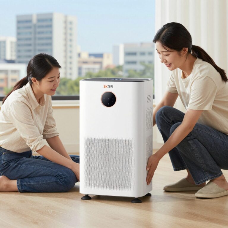 SK매직 제습기를 작은 방에서 사용하는 모습, 습기 제거 후 뽀송한 공간
