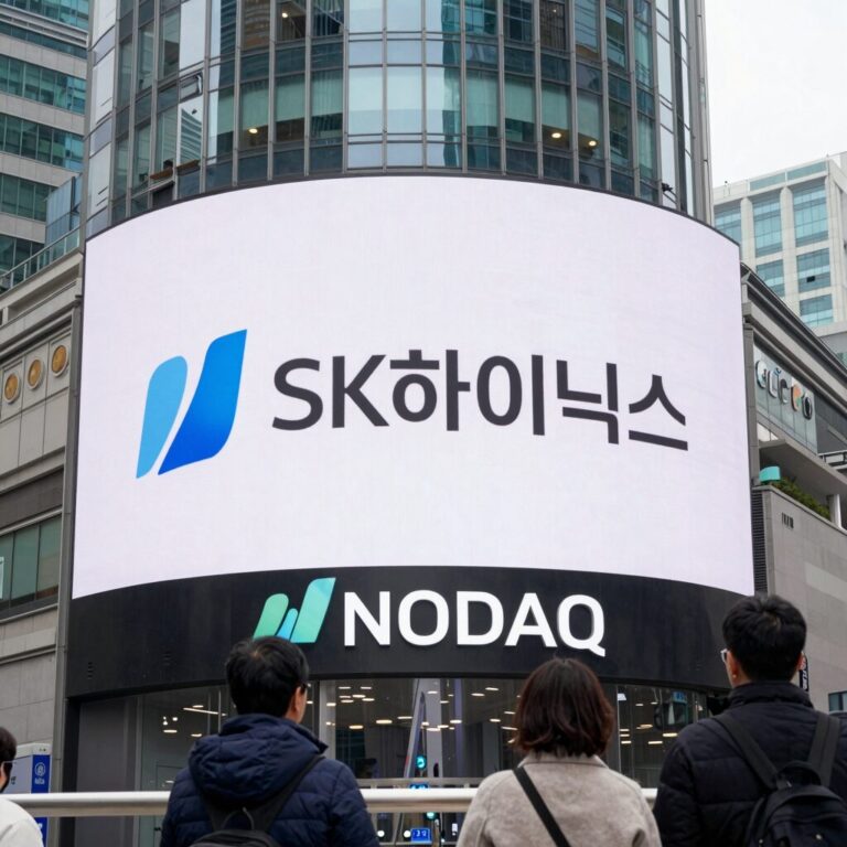 SK하이닉스 ADR 나스닥 상장 기념 이미지, SK하이닉스 로고와 나스닥 마켓사이트 배경