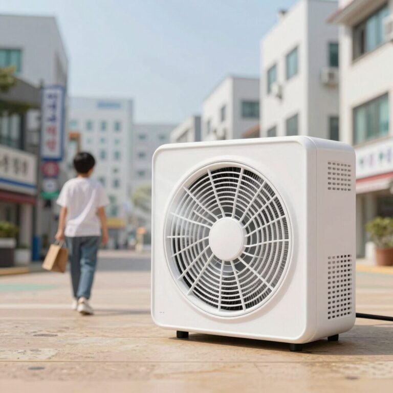 소형 냉풍기가 방 안에서 시원한 바람을 내보내는 모습