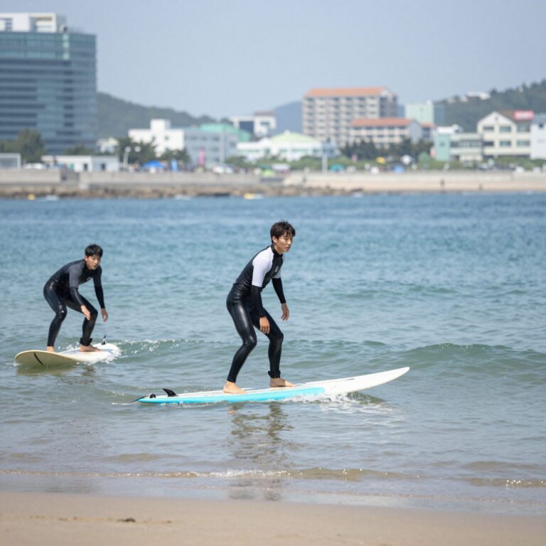속초 양양 서핑 강습 중 보드 위에 서는 모습