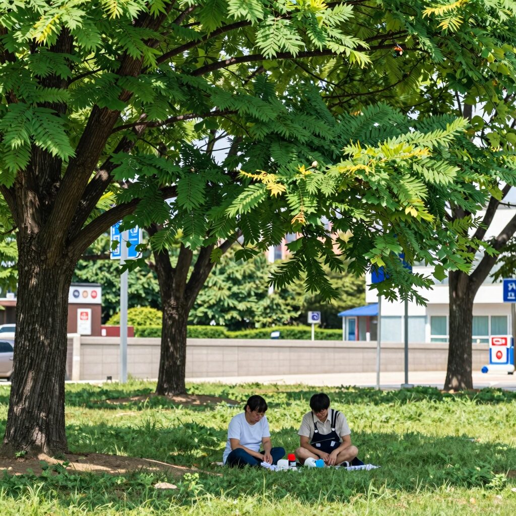 소서 절기 인사말을 위한 여름 풍경, 푸른 나무와 시원한 그늘이 보이는 사진