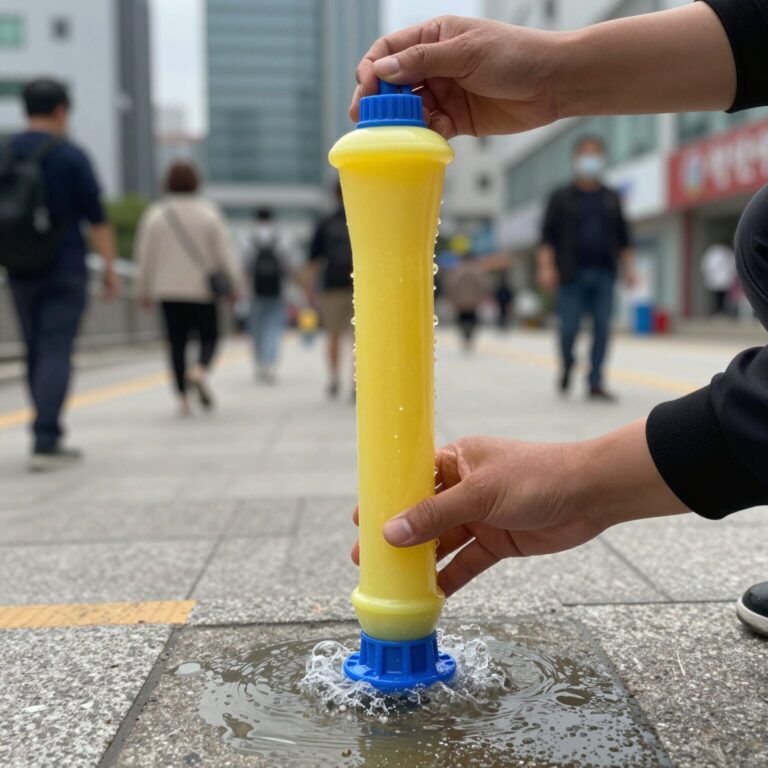 스펀지 물총 물넣는방법을 보여주는 사진으로, 문어 모양 스펀지 물총을 물통에 담가 물을 흡수시키는 모습