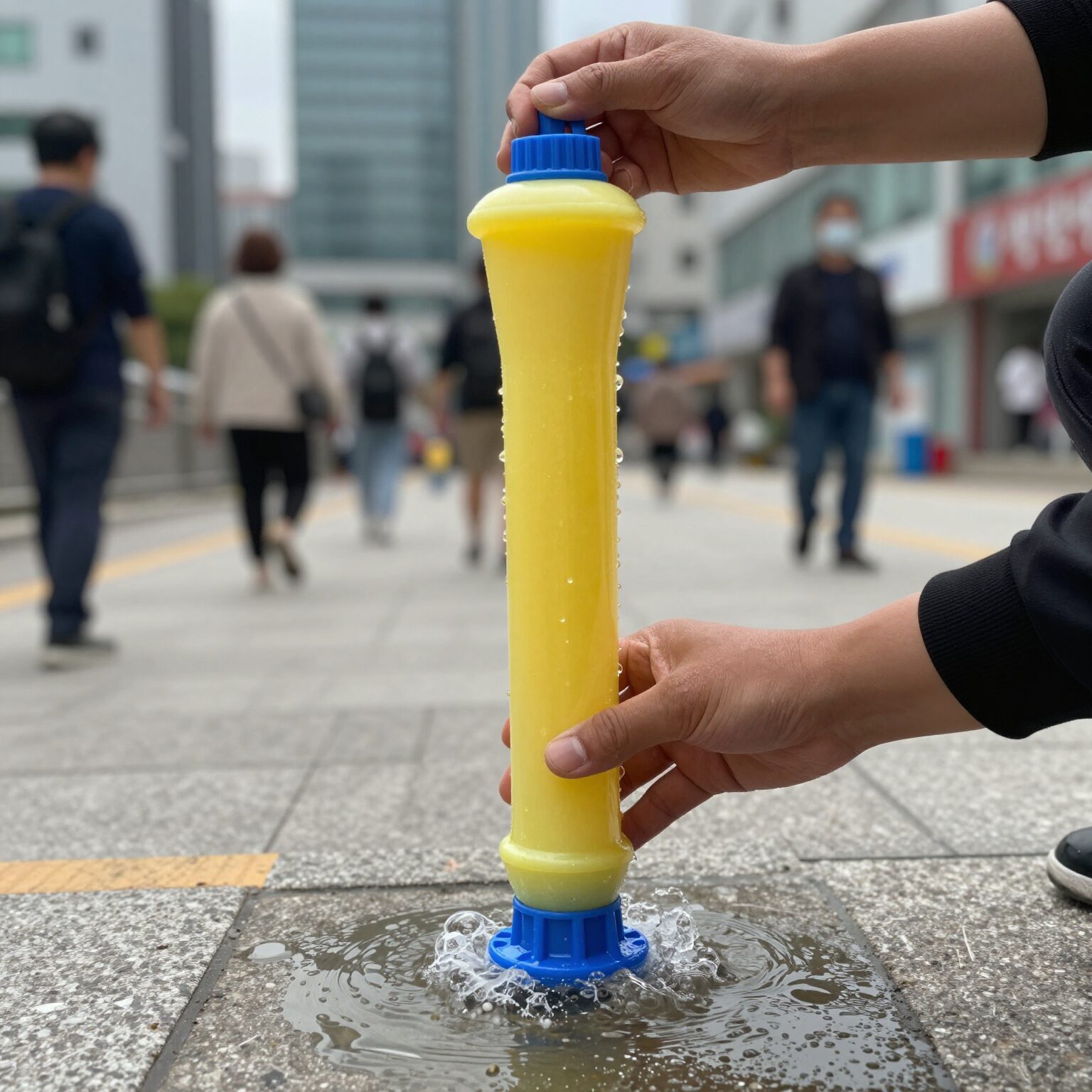 스펀지 물총 물넣는방법을 보여주는 사진으로, 문어 모양 스펀지 물총을 물통에 담가 물을 흡수시키는 모습