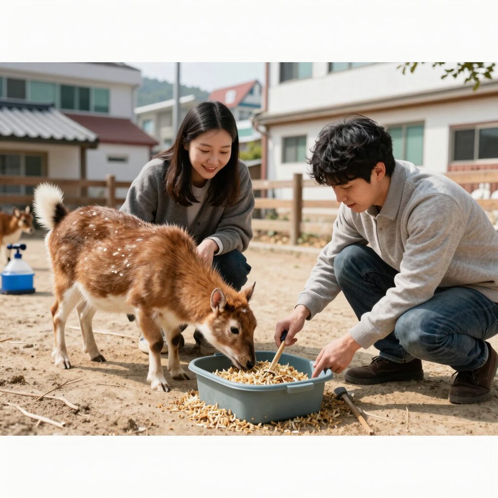 사슴벌레 사육통 세팅 예시 - 발효톱밥, 놀이목, 먹이접시, 분무기