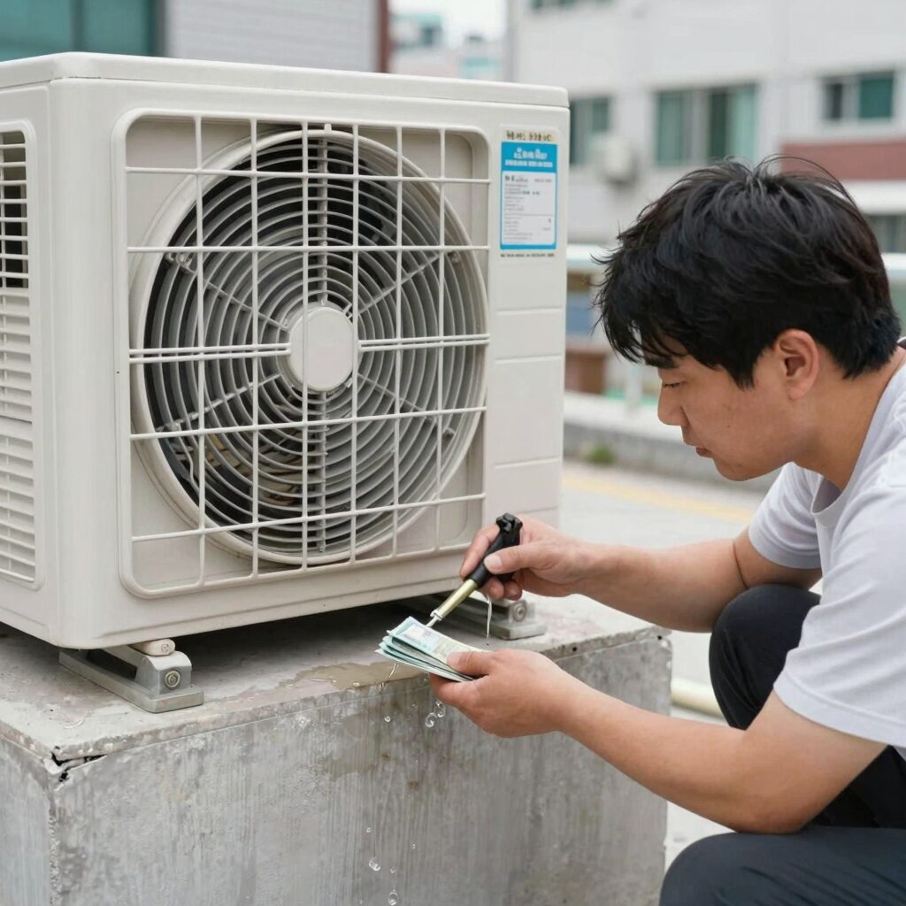 스탠드 에어컨 드레인 배관 점검 모습. 물이 새는 부위를 손으로 가리키는 사진