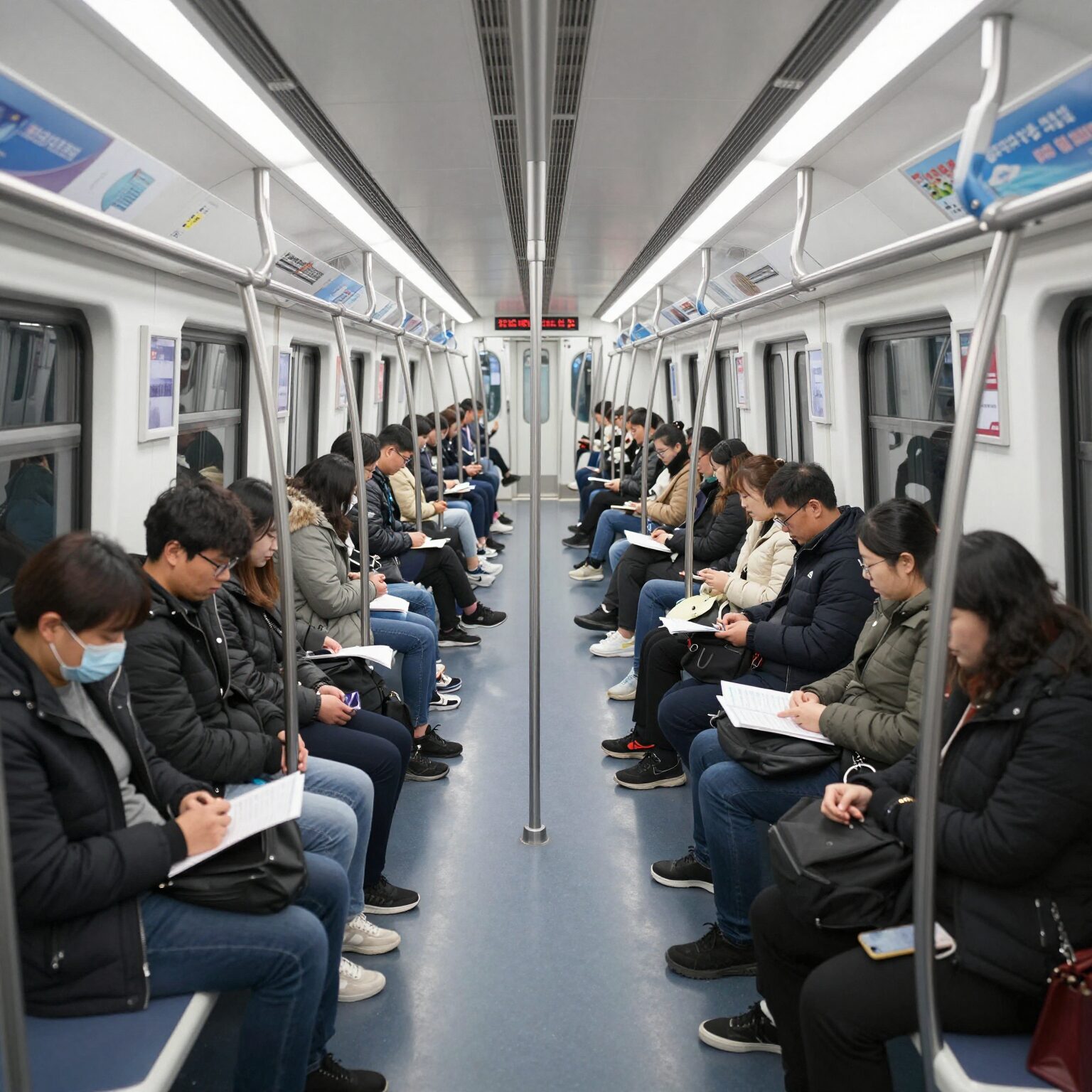 지하철 객실 내 냉기 흐름과 온도 분포를 보여주는 일러스트. 양쪽 끝이 시원하고 중앙이 덜 시원함을 표시