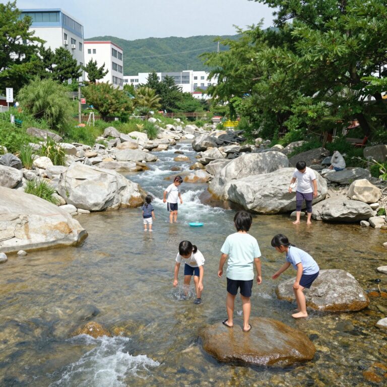 남양주 수동가족쉼터 계곡 전경으로 얕고 넓은 계곡이 아이들 물놀이에 적합한 모습