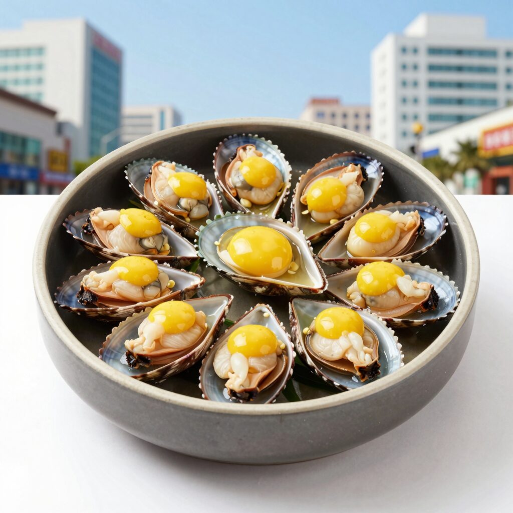 완성된 전복내장죽 그릇에 담긴 모습, 전복살과 계란 노른자가 토핑되어 있다