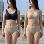 일반 브라 착용 시 등 라인 울퉁불퉁함과 노브라티셔츠 착용 시 매끄러운 등 라인 비교 사진