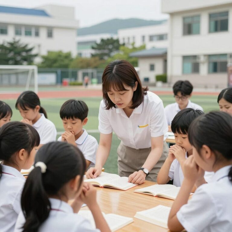 여름성경학교를 위해 손을 모아 기도하는 교사와 아이들의 모습