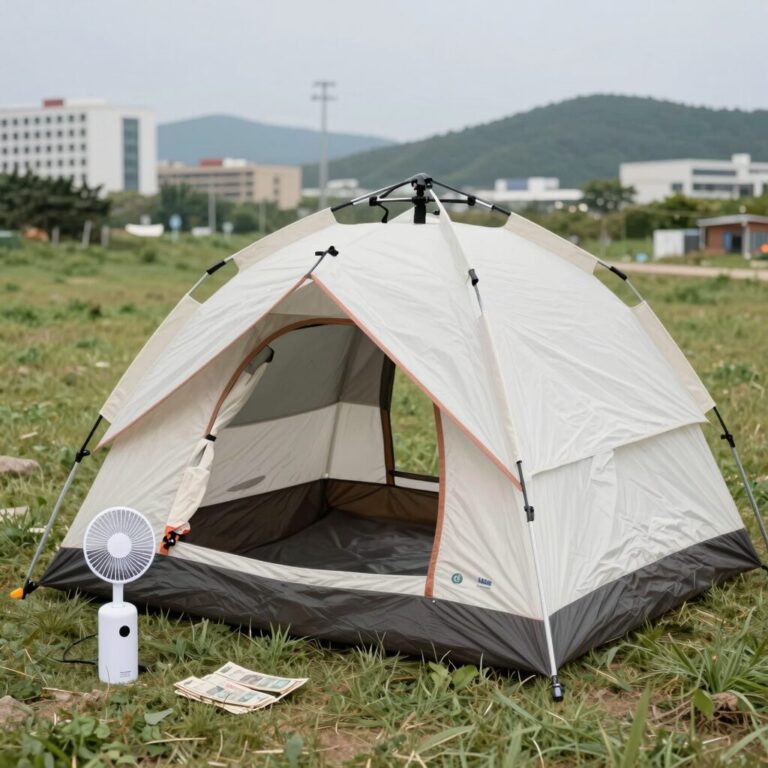 여름 캠핑 준비물로 텐트와 깨꼬미 미스트 신일 무선 선풍기를 함께 배치한 모습
