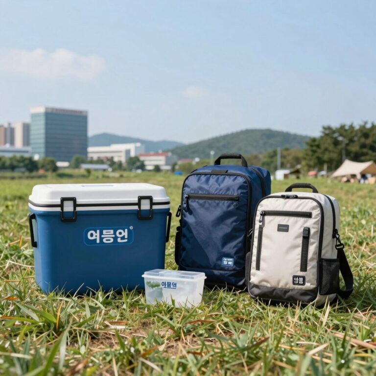 여름 캠핑에서 사용하는 다양한 아이스 쿨러백의 모습, 보냉 성능과 디자인을 강조