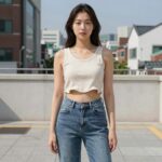크롭 나시탑을 활용한 여름 스타일링, 하이웨이스트 팬츠와 매치한 모습
