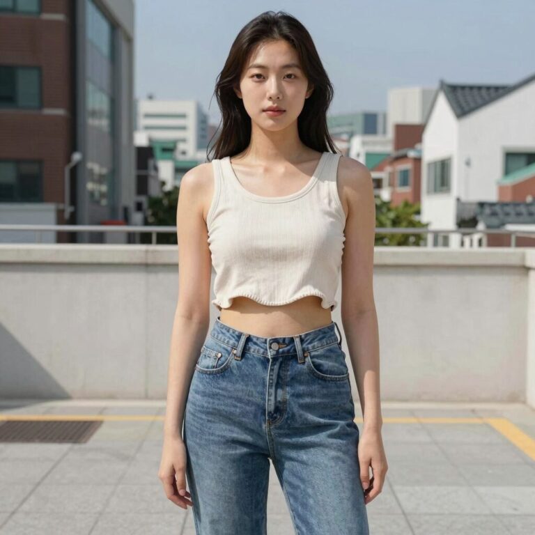 크롭 나시탑을 활용한 여름 스타일링, 하이웨이스트 팬츠와 매치한 모습