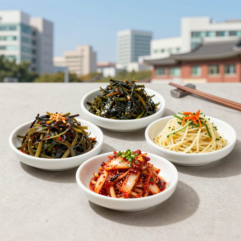 여름 제철음식 고사리나물볶음, 열무김치, 가지파스타, 오이무침 접시가 나란히 놓인 사진
