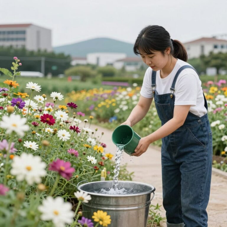 여름 정원에서 물을 주는 모습과 활짝 핀 백일홍, 수국 등 다양한 꽃