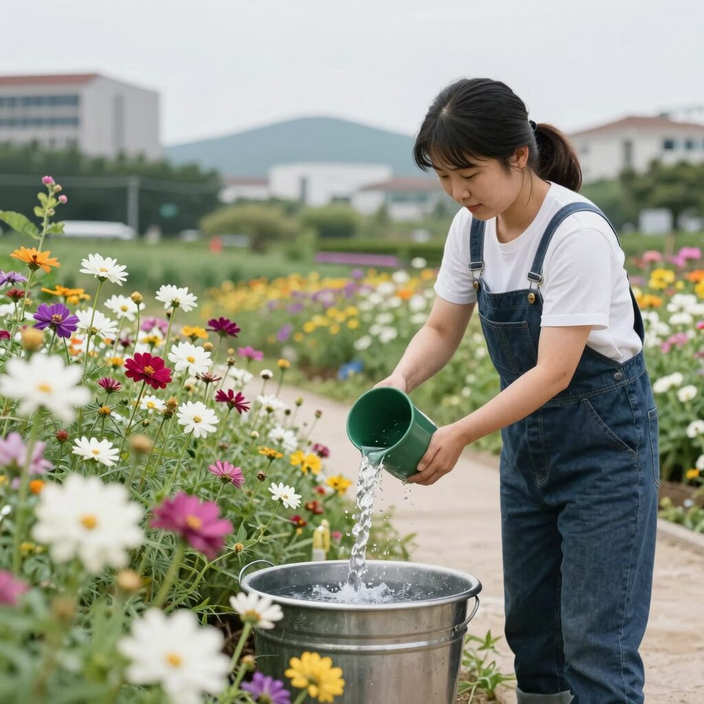 여름 정원에서 물을 주는 모습과 활짝 핀 백일홍, 수국 등 다양한 꽃