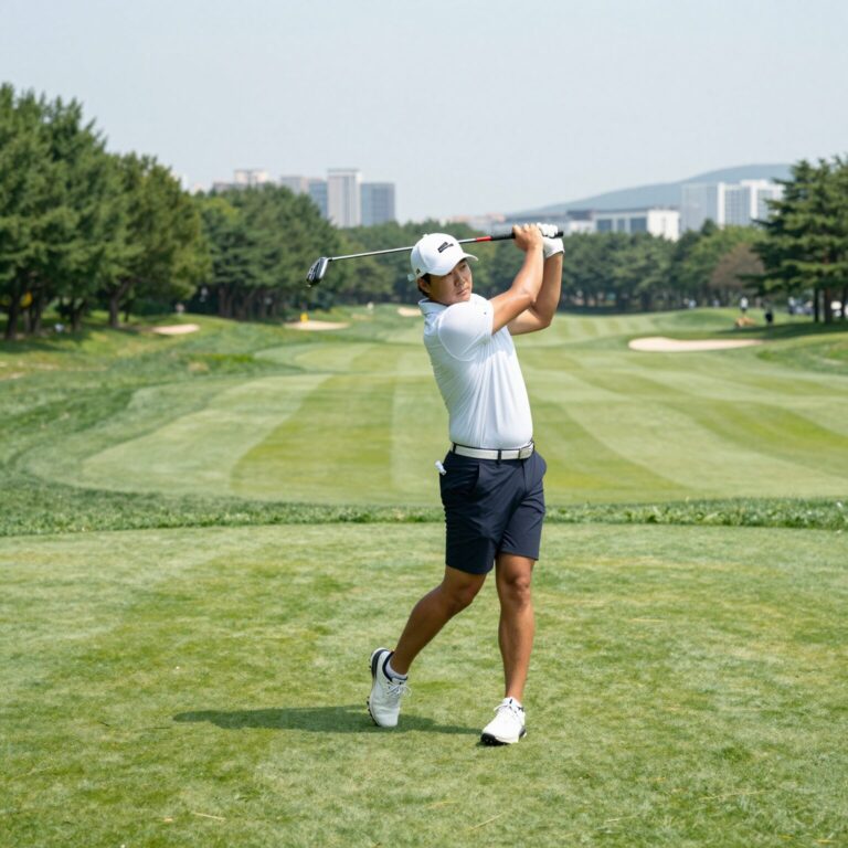 여름 골프장에서 남성 골프바지를 입고 스윙하는 모습